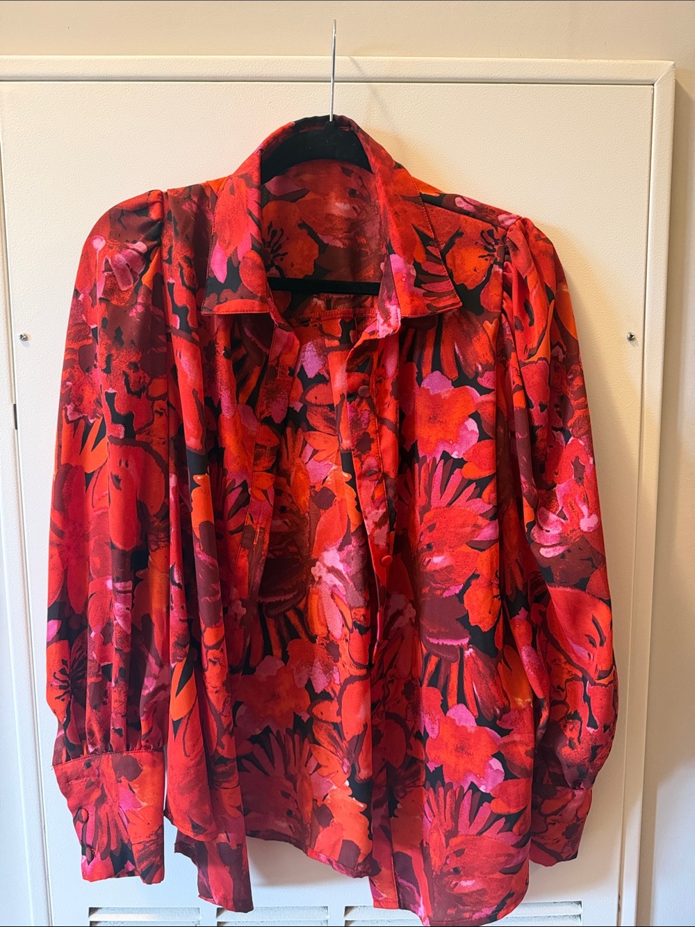 Red Floral Button-Down Blouse with Puff Sleeves